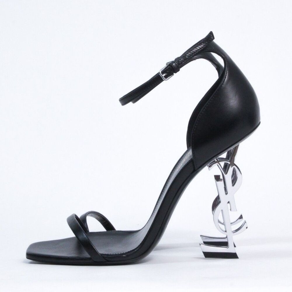 Saint Laurent Opyum Sandals Black Leather Silver YSL Logo Heel Shoes 39 Italy - Picture 2 of 15